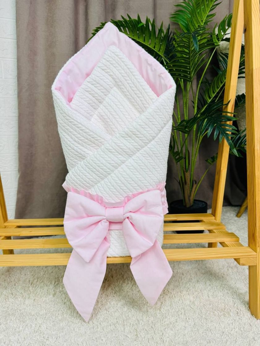 ❤ Демісезонний конверт плед на виписку, Плетіння, 80*80см. Колір - Білий, з рожевим бантиком (#4783871) ✓ Anna Konvert