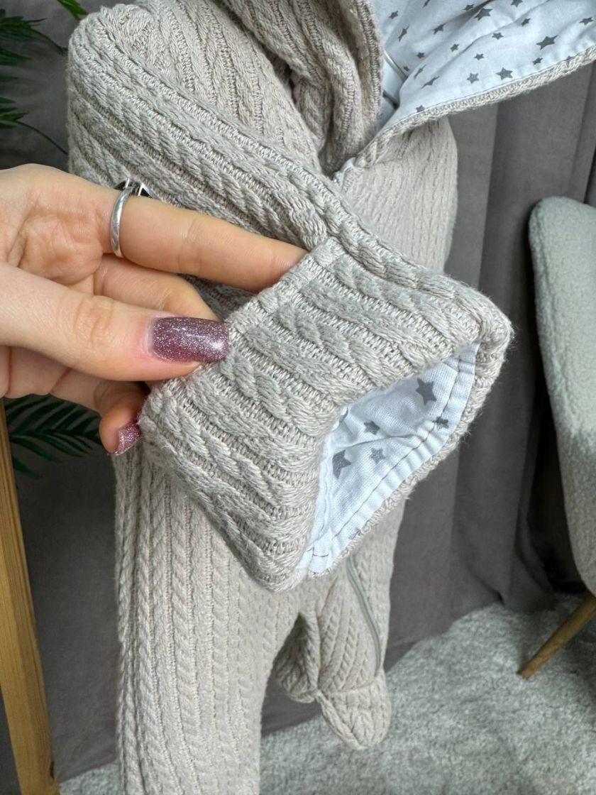 ❤ Демісезонний комбінезон з шапочкою, Косичка з бавовняною підкладкою, 0-4 міс. Колір - Бежевий (#57241190) ✓ Anna Konvert