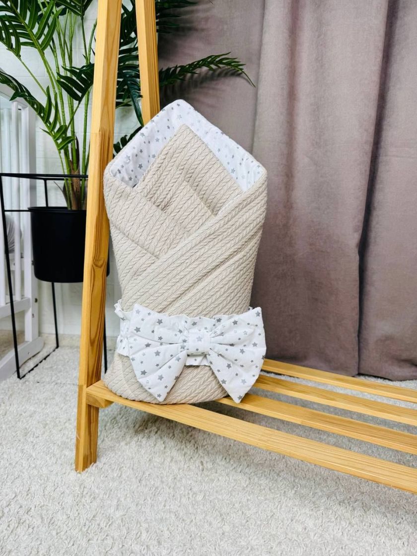 ❤ Демісезонний конверт плед на виписку, Косичка, 80*80см. Колір - Бежевий, з білим бантиком у зірочку (#0179) ✓ Anna Konvert