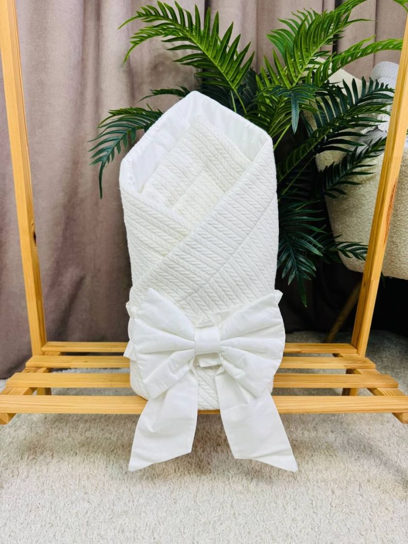 ❤ Демісезонний конверт плед на виписку, Плетіння, 80*80см. Колір - Білий, з білим бантиком (#6482450) ✓ Anna Konvert