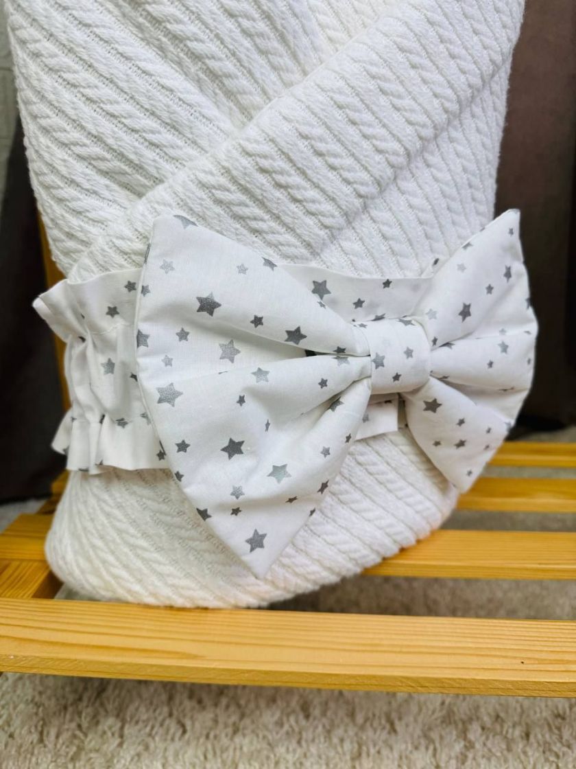 ❤ Демісезонний конверт плед на виписку, Косичка, 80*80см. Колір - Білий, з білим бантиком у зірочку (#44200703) ✓ Anna Konvert