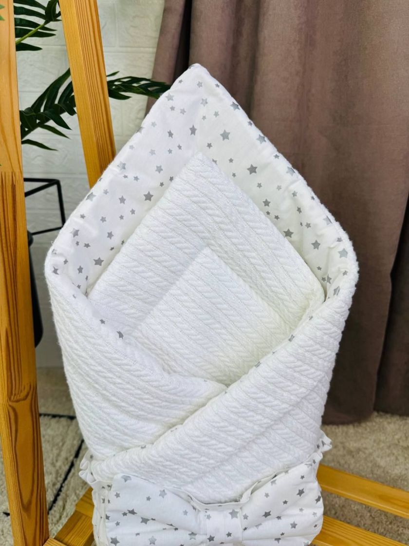 ❤ Демісезонний конверт плед на виписку, Косичка, 80*80см. Колір - Білий, з білим бантиком у зірочку (#44200703) ✓ Anna Konvert