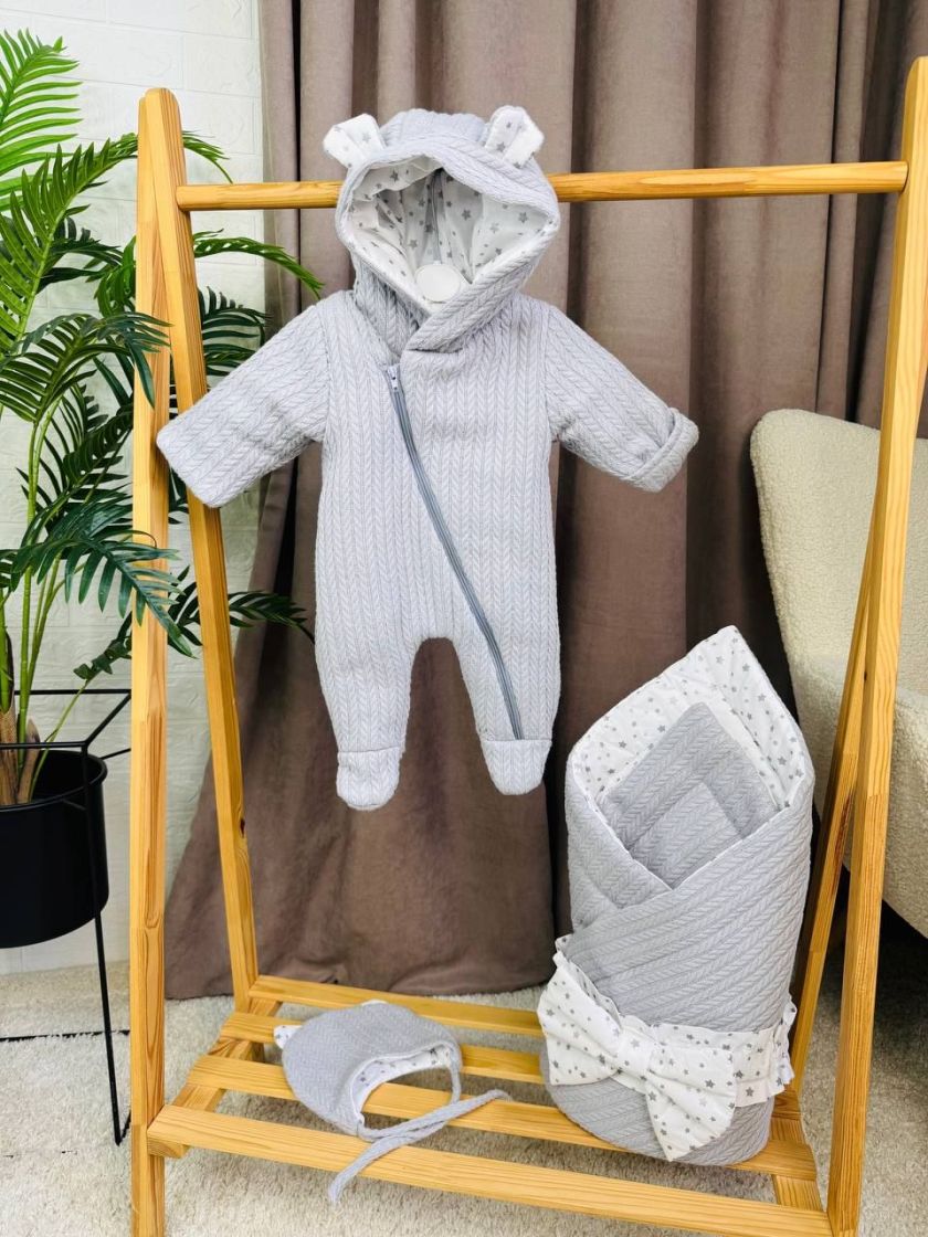 ❤ Демісезонний комбінезон з шапочкою, Косичка з бавовняною підкладкою, 0-4 міс. Колір - Сірий (#0041) ✓ Anna Konvert