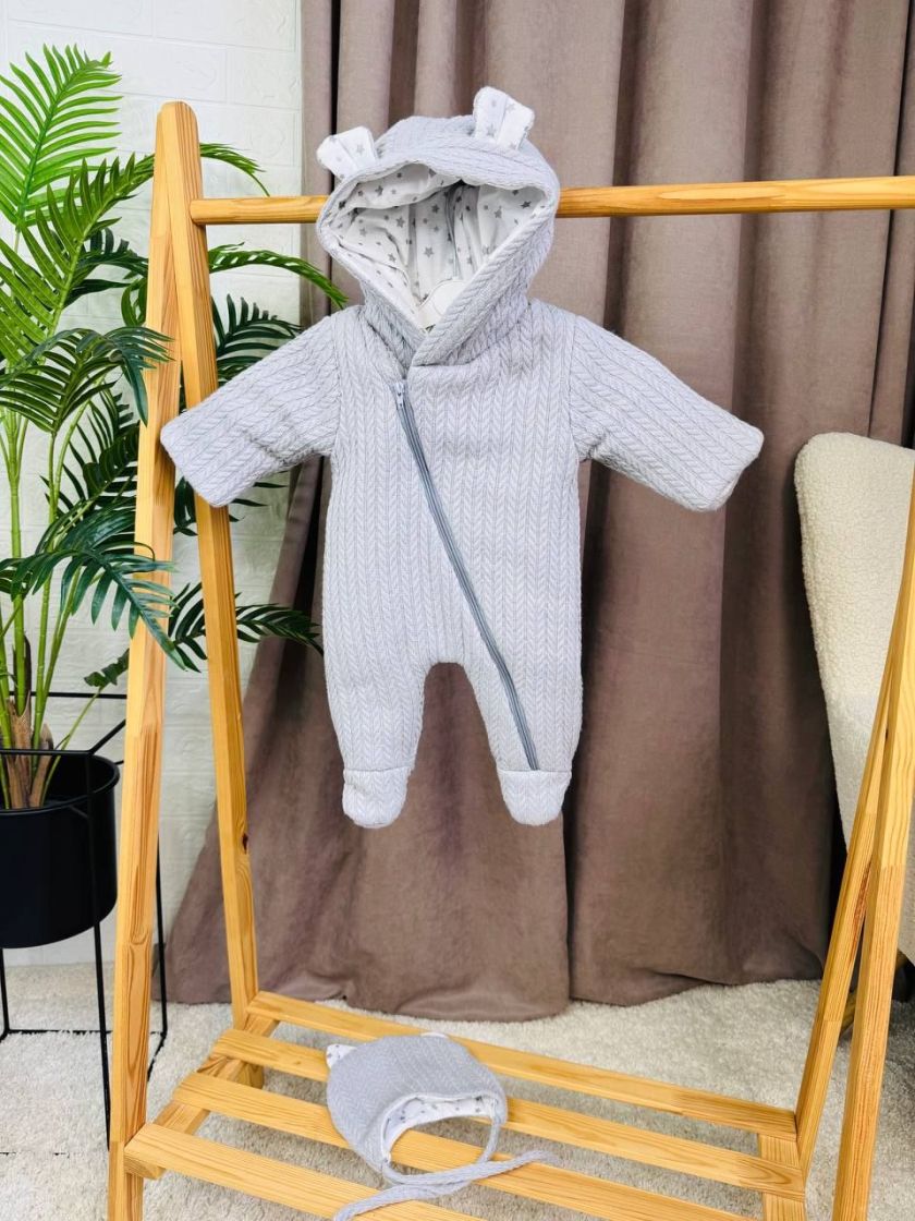 ❤ Демісезонний комбінезон з шапочкою, Косичка з бавовняною підкладкою, 0-4 міс. Колір - Сірий (#0041) ✓ Anna Konvert