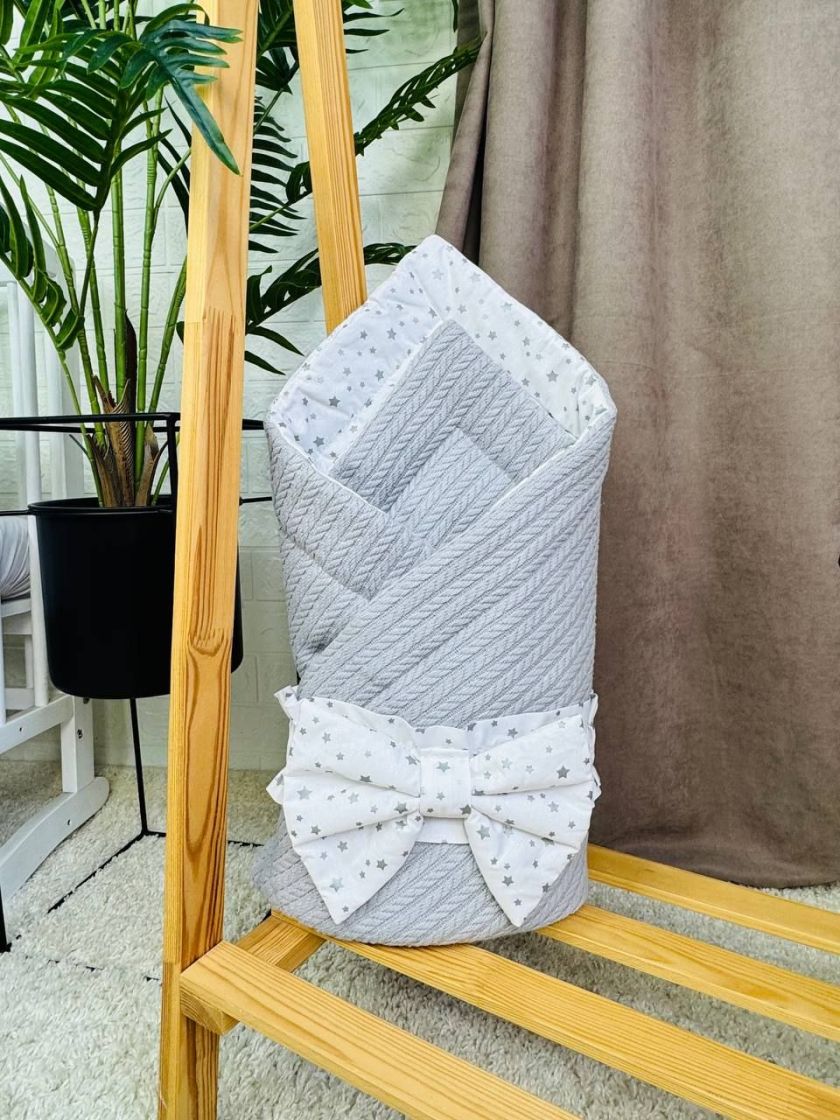 ❤ Демісезонний конверт плед на виписку, Косичка, 80*80см. Колір - Сірий, з білим бантиком у зірочку (#97222490) ✓ Anna Konvert