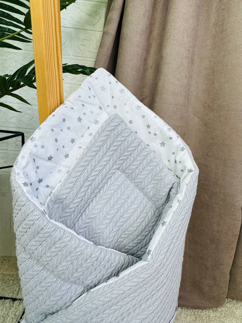 ❤ Демісезонний конверт плед на виписку, Косичка, 80*80см. Колір - Сірий, з білим бантиком у зірочку (#97222490) ✓ Anna Konvert