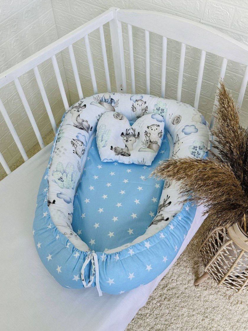 ❤ Кокон-гніздечко з ортопедичною подушкою. Принт - Олені в лісі, їжак блакитний з зірками (#44055801) ✓ Anna Konvert