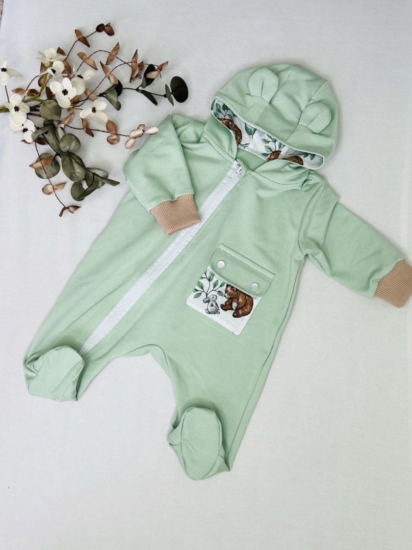 ❤ Ромпер з капюшоном "Вушка", трьохнитка-петля футер. Колір - М'ятний ведмедик. Розмір - 0-3 (#32114787) ✓ Anna Konvert