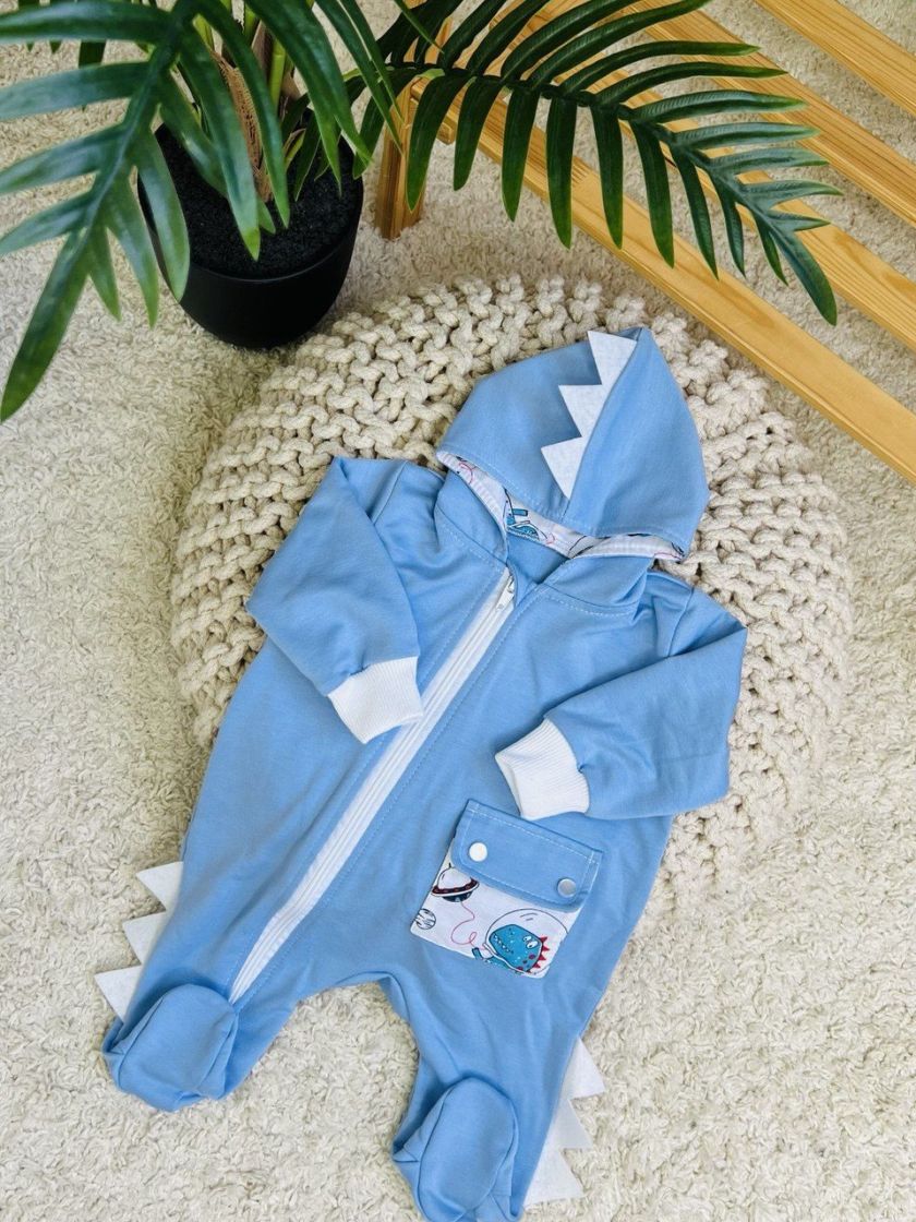 ❤ Ромпер з капюшоном "Вушка", трьохнитка-петля футер. Колір - Блакитний дино. Розмір - 3-6 (#87697344) ✓ Anna Konvert