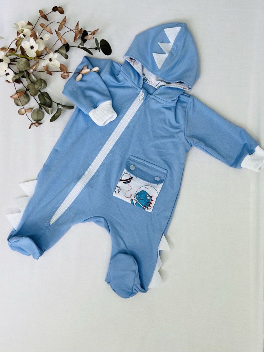 ❤ Ромпер з капюшоном "Вушка", трьохнитка-петля футер. Колір - Блакитний дино. Розмір - 6-9 (#37096145) ✓ Anna Konvert