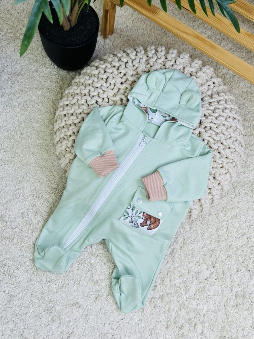 ❤ Ромпер з капюшоном "Вушка", трьохнитка-петля футер. Колір - М'ятний ведмедик. Розмір - 6-9 (#30937857) ✓ Anna Konvert