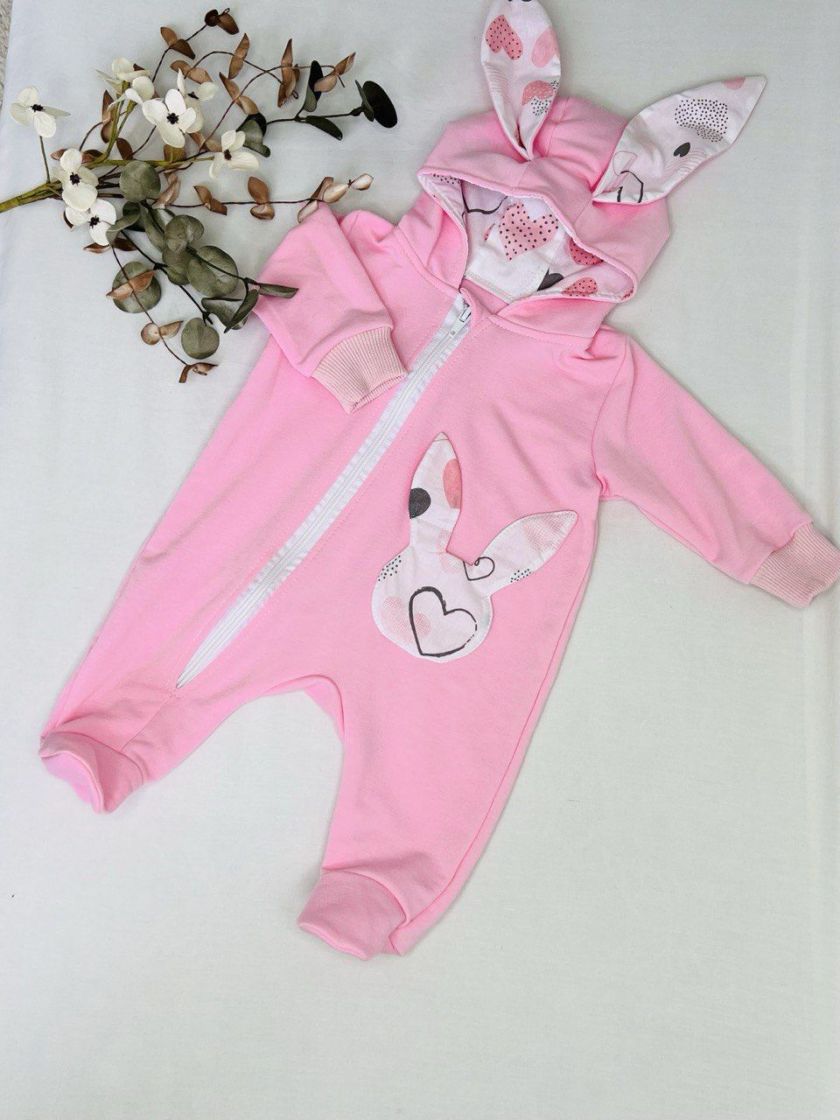 ❤ Ромпер з капюшоном "Вушка", трьохнитка-петля футер. Розмір - 6-9. Колір - Рожевий зайка (#95568130) ✓ Anna Konvert