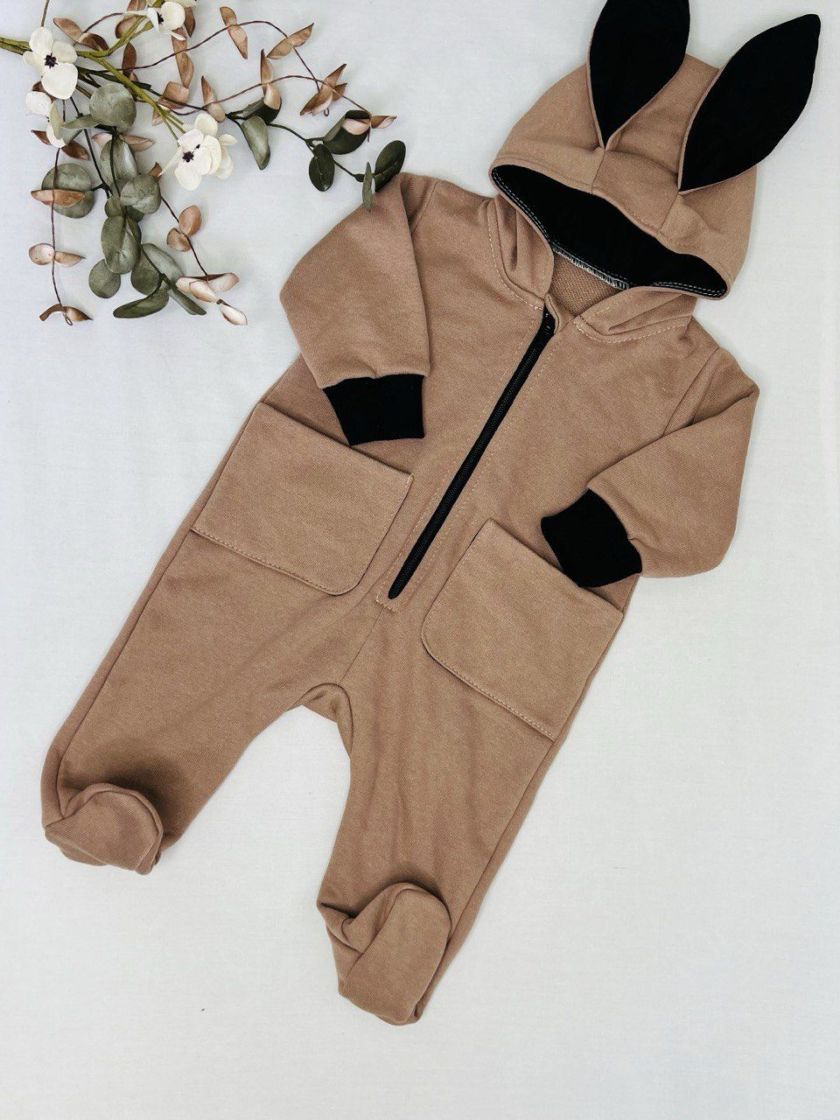 ❤ Ромпер з капюшоном "Вушка", трьохнитка-петля футер. Колір - Шоколадний зайка. Розмір - 6-9 (#87160398) ✓ Anna Konvert