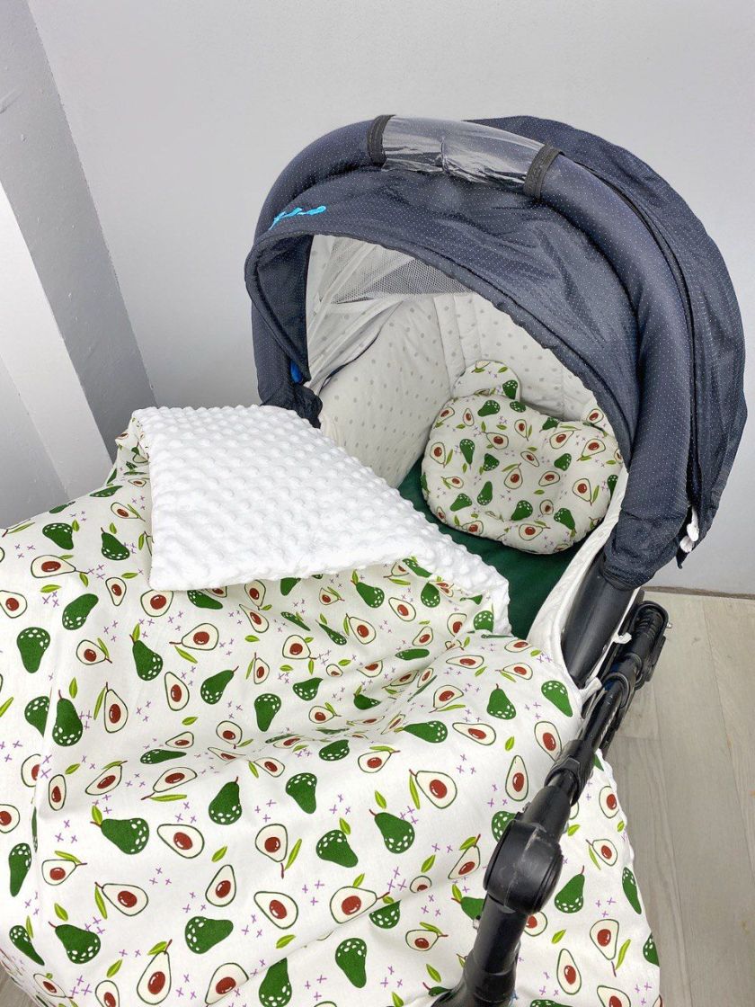❤ Набір у візочок з утеплювачем у чохлі. Принт - Авокадо з білим плюшем (#0332) ✓ Anna Konvert