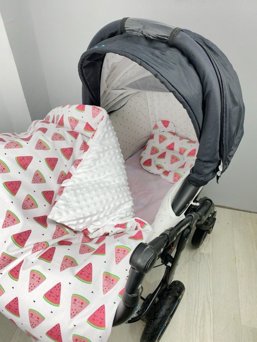 ❤ Набір у візочок з утеплювачем у чохлі. Принт - Кавунчики з білим плюшем (#47841) ✓ Anna Konvert