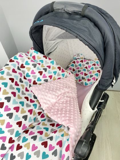 ❤ Набір у візочок з утеплювачем у чохлі. Принт - Сердечки ясркаві з рожевим плюшем (#17254642) ✓ Anna Konvert 2