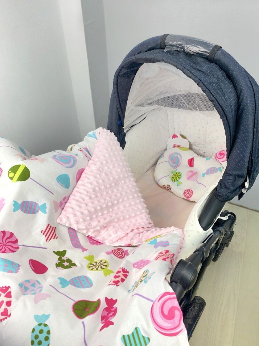 ❤ Набір у візочок з утеплювачем у чохлі. Принт - Цукерки з рожевим плюшем (#2793231) ✓ Anna Konvert