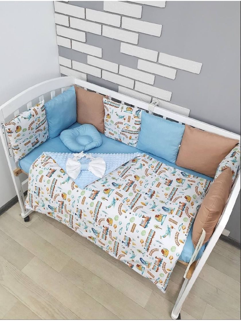 ❤ Набір у ліжко на 3 боки. Принт - Блакитно-беж, потяги (#64875696) ✓ Anna Konvert