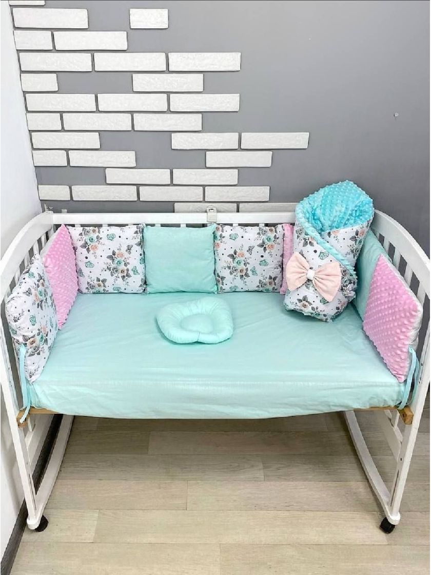 ❤ Набір у ліжко на 3 боки. Принт - Квітки м'ятно рожеві (#99489) ✓ Anna Konvert