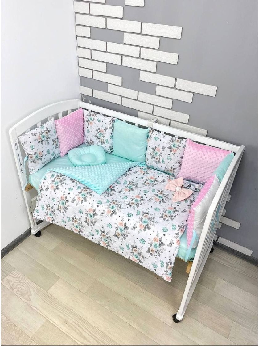 ❤ Набір у ліжко на 3 боки. Принт - Квітки м'ятно рожеві (#99489) ✓ Anna Konvert