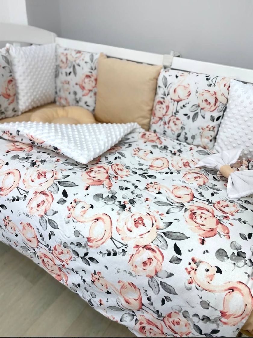 ❤ Набір у ліжко на 3 боки. Принт - Бежевий з фламінго та квітками (#66170869) ✓ Anna Konvert