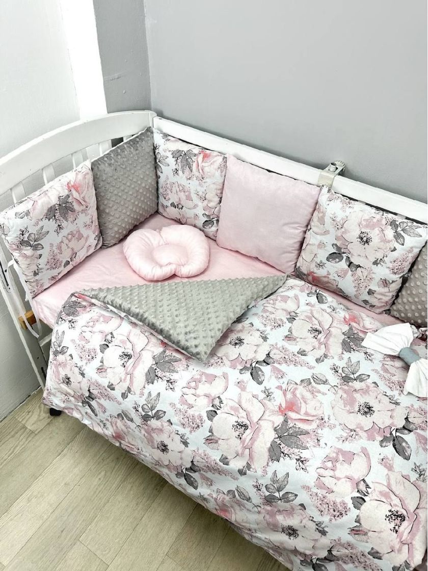 ❤ Набір у ліжко на 3 боки. Принт - Рожево-сірий з квітами (#16790664) ✓ Anna Konvert