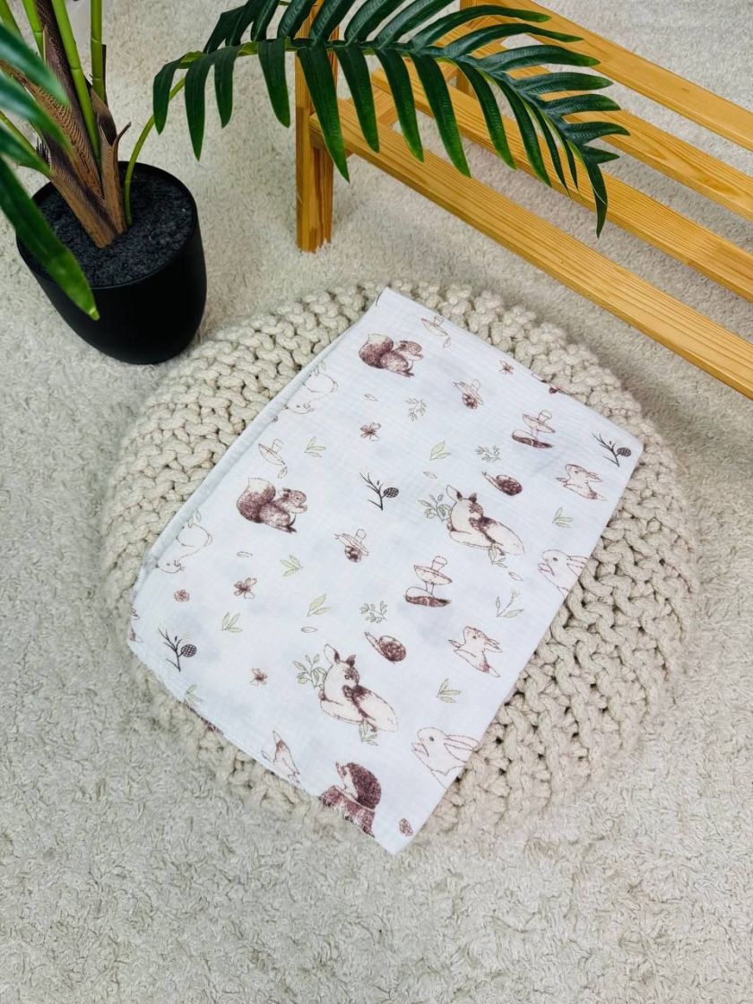 ❤ Пелюшки муслінові чотирьохшарові, жатка. Принт - Звірі у лісі на молочному. Розмір - 70*100см (#43570689) ✓ Anna Konvert