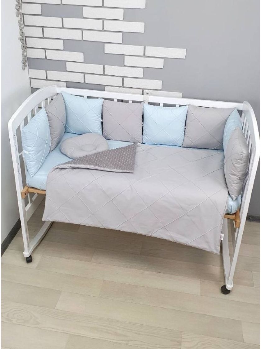 ❤ Набір у ліжко на 4 боки, з бісерною стрічкою. Колір - Блакитно-сірий просточений з косичкою. Комплектація - Подушки на 4й бік