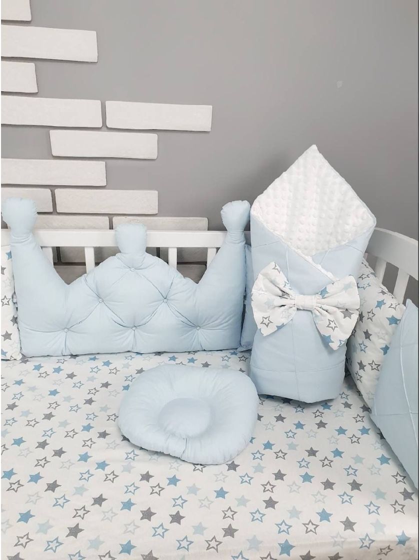 ❤ Набір у ліжко на 4 боки, "Зайка/корона". Комплектація - Подушки на 4й бік. Принт - Корона блакитна із каретною стяжкою (#50113