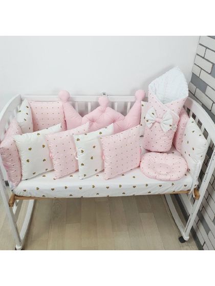 ❤ Набір у ліжко на 4 боки, "Зайка/корона". Комплектація - Подушки на 4й бік. Принт - Корона рожева із каретною стяжкою (#6892802 2