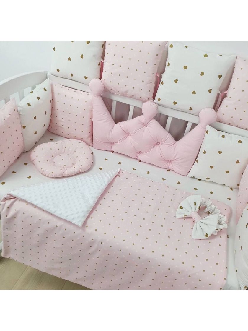 ❤ Набір у ліжко на 4 боки, "Зайка/корона". Комплектація - Подушки на 4й бік. Принт - Корона рожева із каретною стяжкою (#6892802