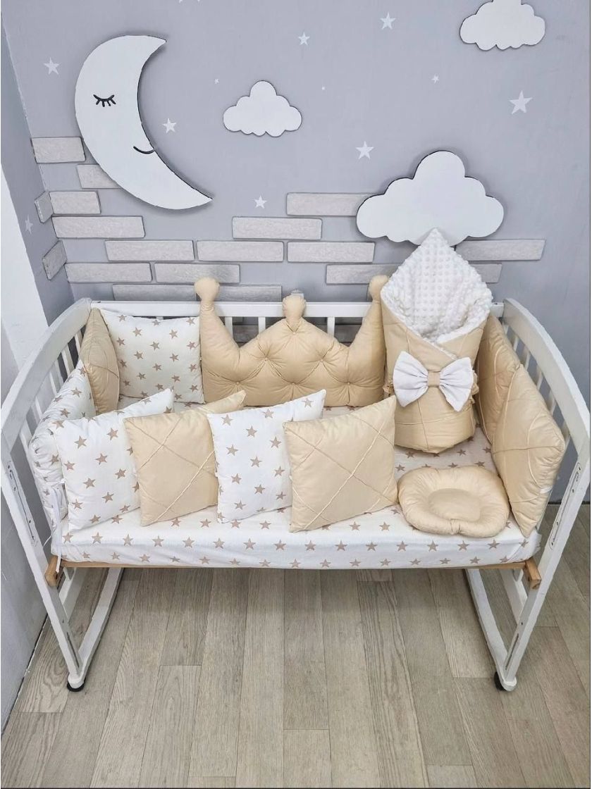 ❤ Набір у ліжко на 4 боки, "Зайка/корона". Комплектація - Подушки на 4й бік. Принт - Корона бежева із каретною стяжкою (#1438974