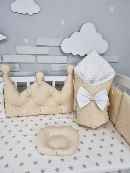 ❤ Набір у ліжко на 4 боки, "Зайка/корона". Комплектація - Подушки на 4й бік. Принт - Корона бежева із каретною стяжкою (#1438974 2