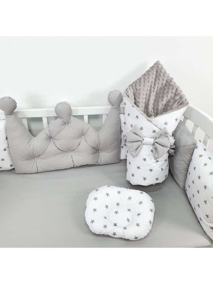 ❤ Набір у ліжко на 4 боки, "Зайка/корона". Принт - Корона сіра із каретною стяжкою. Комплектація - Коса на 4й бік (#60248816) ✓ 