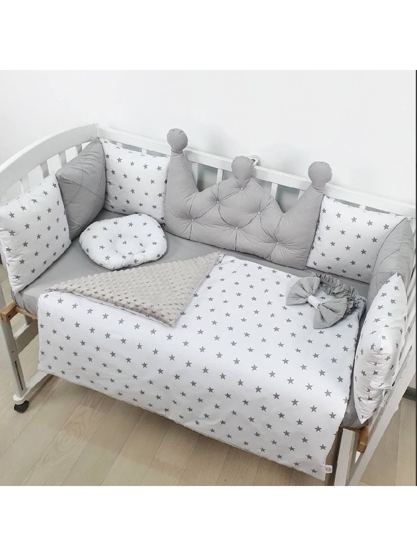 ❤ Набір у ліжко на 4 боки, "Зайка/корона". Принт - Корона сіра із каретною стяжкою. Комплектація - Коса на 4й бік (#60248816) ✓ 