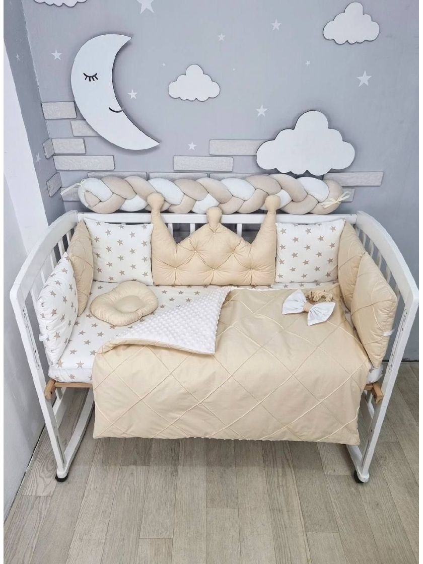 ❤ Набір у ліжко на 4 боки, "Зайка/корона". Комплектація - Коса на 4й бік. Принт - Корона бежева із каретною стяжкою (#19316820) 