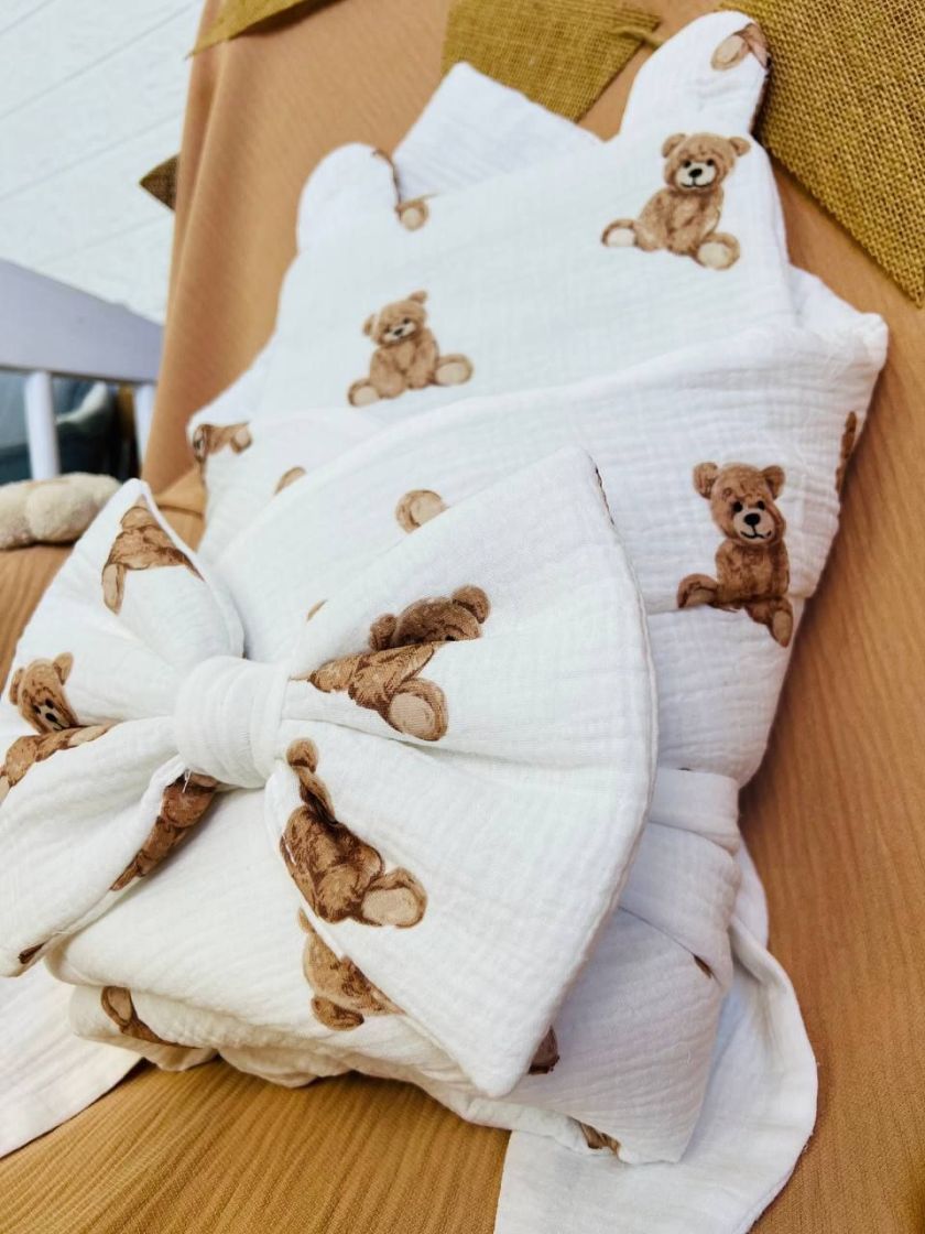 ❤ Мусліновий конверт з подушкою. Принт - Ведмедики сидячі (#0190) ✓ Anna Konvert