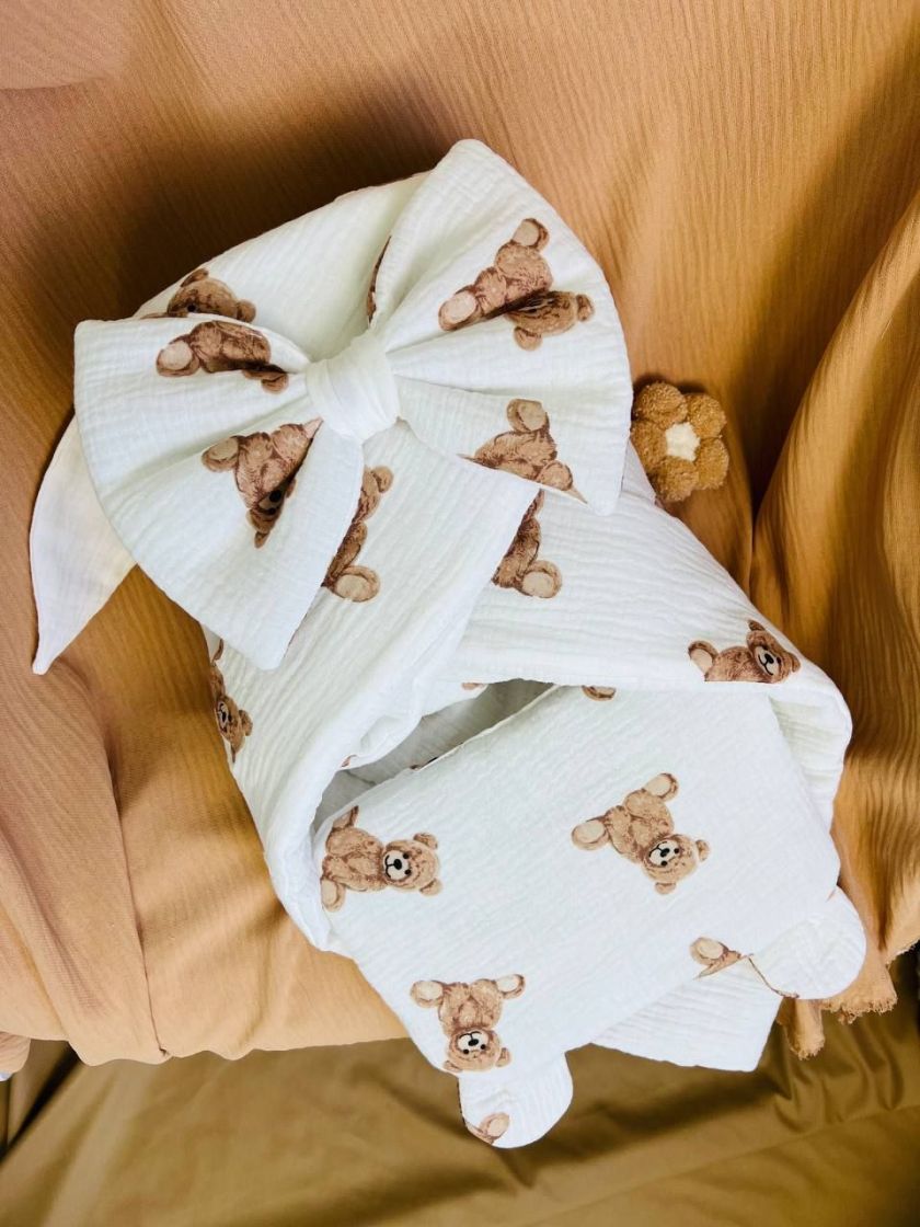 ❤ Мусліновий конверт з подушкою. Принт - Ведмедики сидячі (#0190) ✓ Anna Konvert