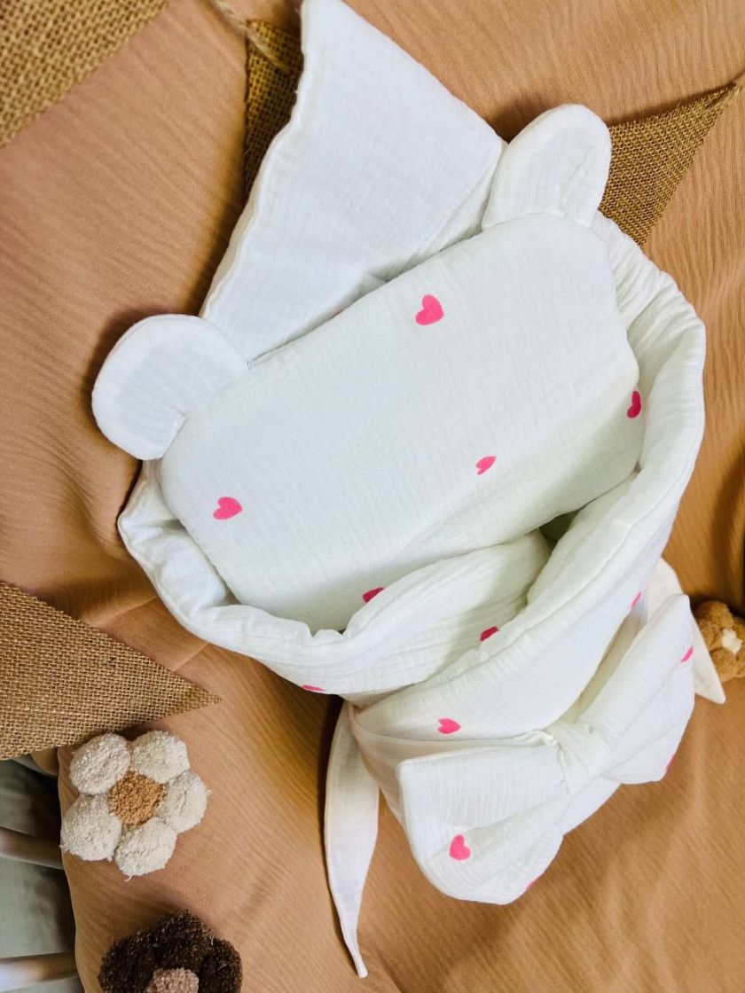 ❤ Мусліновий конверт з подушкою. Принт - Рожеві сердечка на білому (#41772964) ✓ Anna Konvert