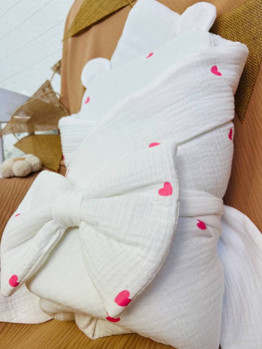 ❤ Мусліновий конверт з подушкою. Принт - Рожеві сердечка на білому (#41772964) ✓ Anna Konvert