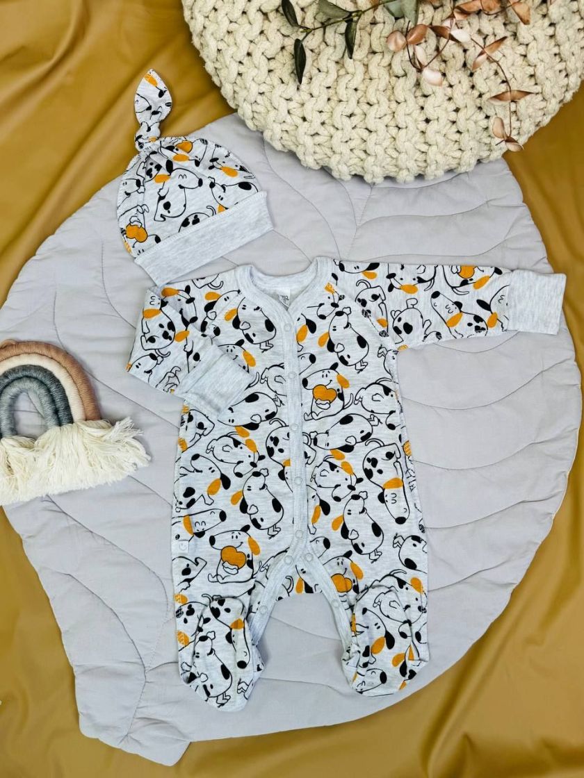 ❤ Чоловічок з шапочкою інтерлок, Розмір 56р, Песики на сірому (#380910) ✓ Anna Konvert