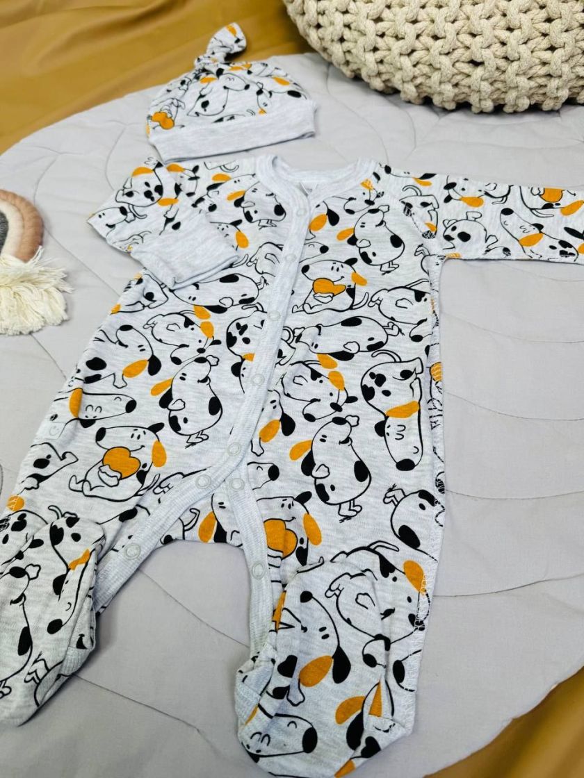 ❤ Чоловічок з шапочкою інтерлок, Розмір 56р, Песики на сірому (#380910) ✓ Anna Konvert