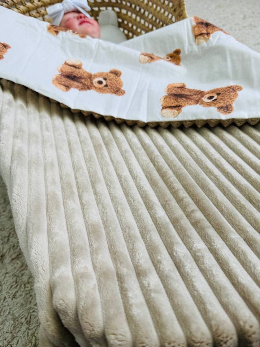 ❤ Плед в пологовий, мінкі плюш, без утеплювача, 100см на 80см. Колір, принт - Плюш смужка беж, плюшеві ведмедики (#3075955) ✓ An