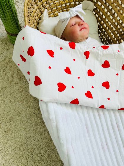 ❤ Плед в пологовий, мінкі плюш, без утеплювача, 100см на 80см. Колір, принт - Плюш смужка білий, сердця червоні (#63788261) ✓ An 2