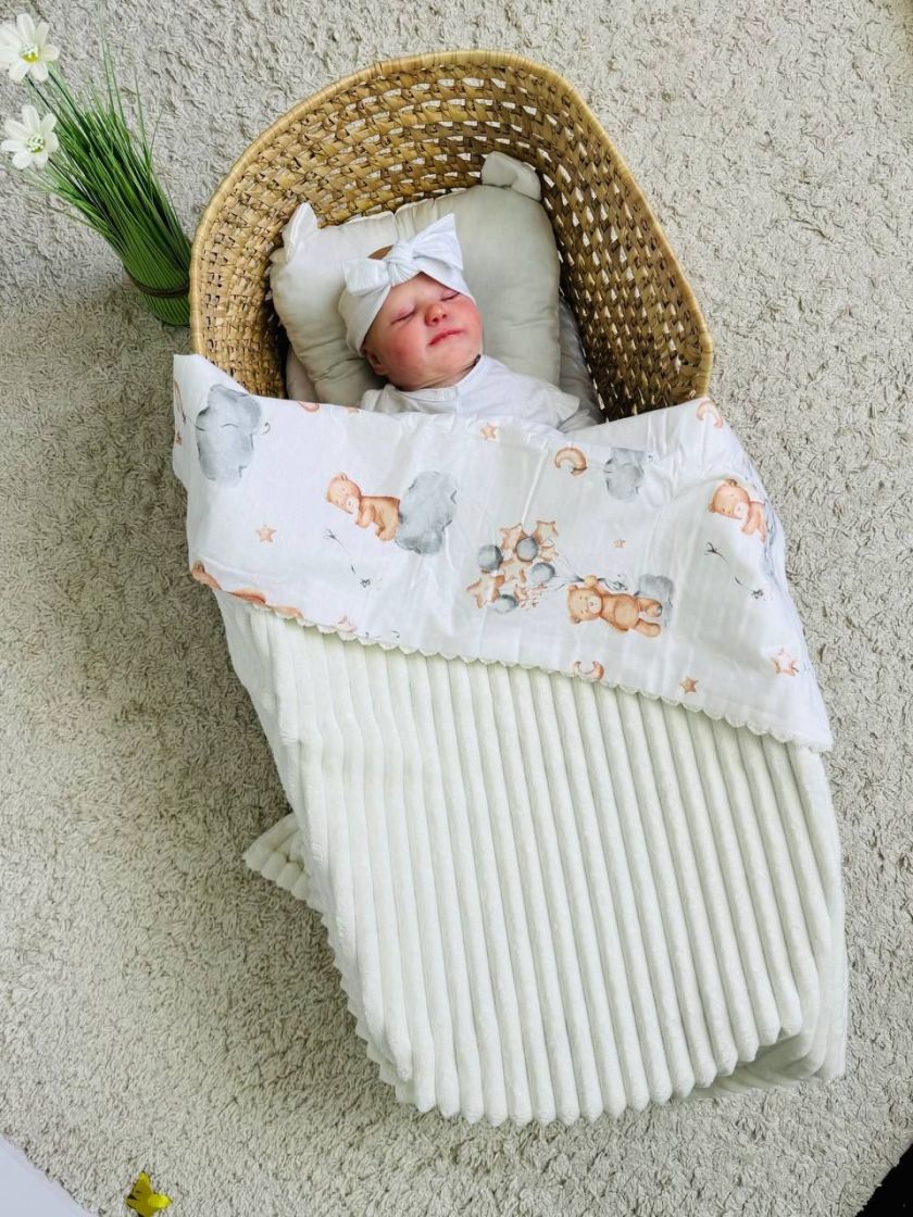 ❤ Плед в пологовий, мінкі плюш, без утеплювача, 100см на 80см. Колір, принт - Плюш смужка молочний, ведмеді з кульками (#5545862