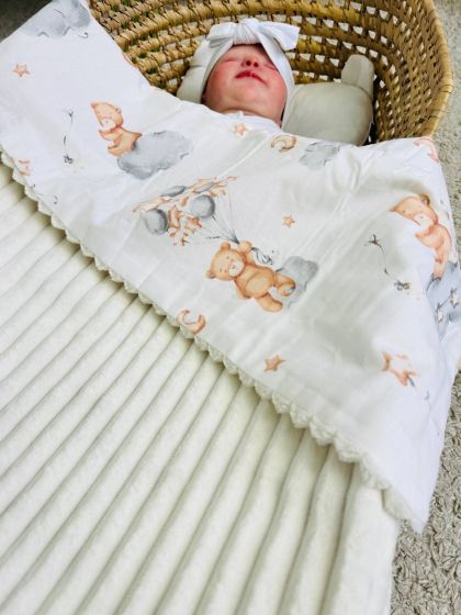 ❤ Плед в пологовий, мінкі плюш, без утеплювача, 100см на 80см. Колір, принт - Плюш смужка молочний, ведмеді з кульками (#5545862 2