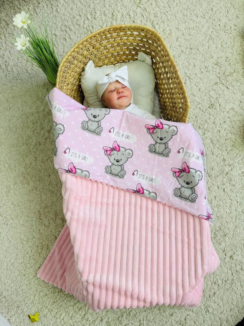 ❤ Плед в пологовий, мінкі плюш, без утеплювача, 100см на 80см. Колір, принт - Плюш смужка рожевий, Тедді дівчинка (#79123374) ✓ 