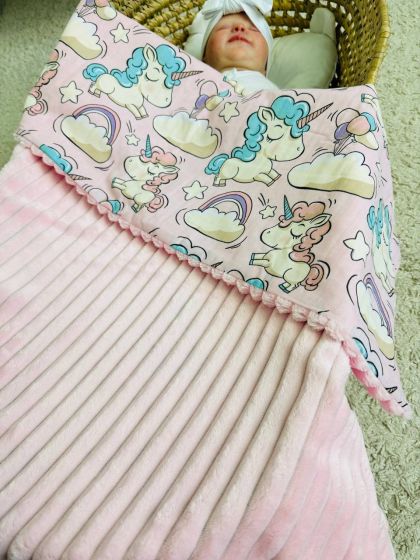 ❤ Плед в пологовий, мінкі плюш, без утеплювача, 100см на 80см. Колір, принт - Плюш смужка рожевий, единоріжка (#97160874) ✓ Anna 2