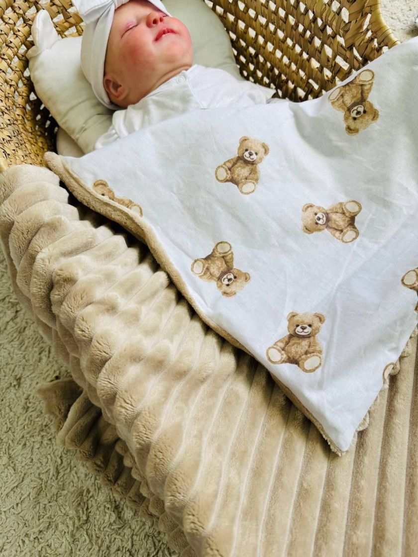 ❤ Плед в пологовий, мінкі плюш, без утеплювача, 100см на 80см. Колір, принт - Плюш смужка беж, сидячі ведмедики (#96789859) ✓ An