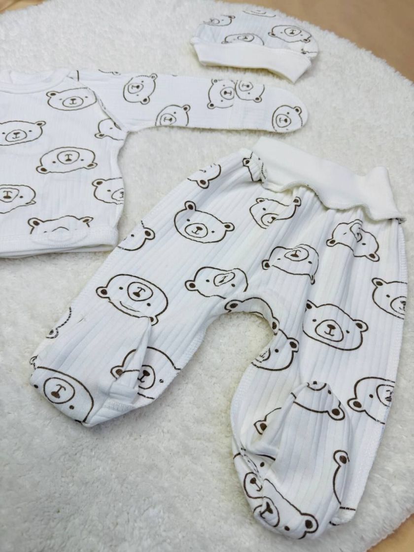 ❤ Комплект 3ка з сороч. 56-62, рубчик, Ромашка. Принт - Молочний з ведмедиками. Розмір - 56 (#95011900) ✓ Anna Konvert